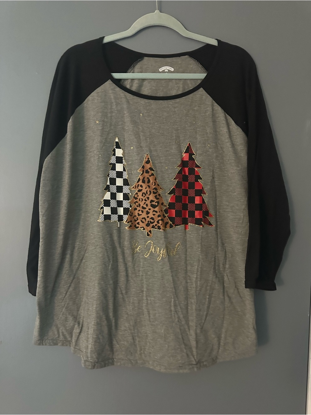 Holiday Time Gray & Black Raglan Long Sleeve Tee with Festive Tree Trio